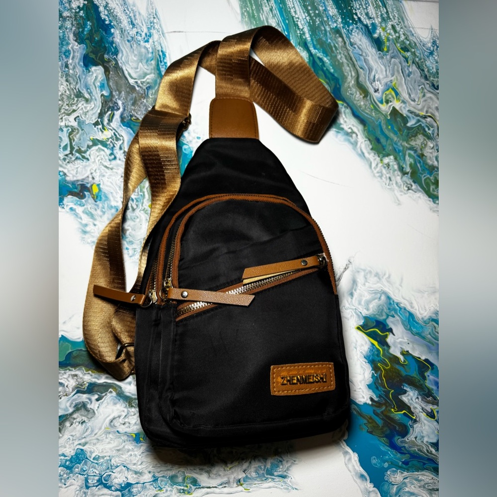 ZHENMEISHI BLACK/TAN SLING CROSSBODY- over the shoulder